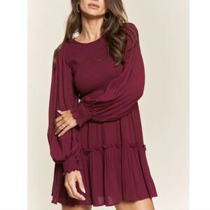 J. NNA Wine Red Smocked Long Sleeve Tiered Ruffle Boho Mini Dress, Sz 1XL